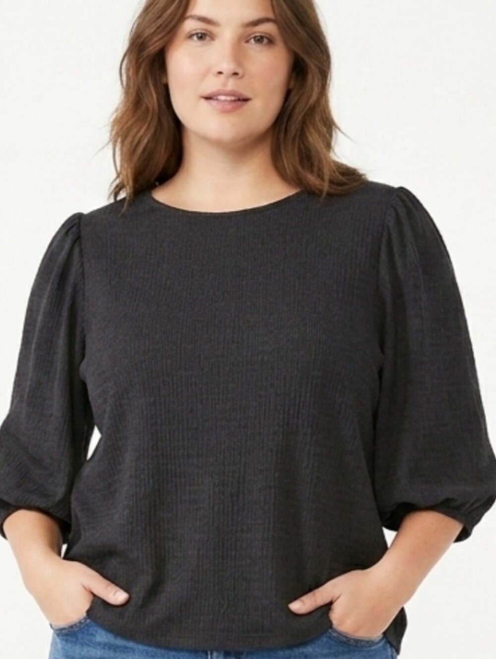 Ava & Viv Black Puff Sleeve, Boat Neck & Modern Fit (XXL)